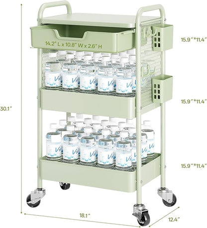 Rolling cart with Drawers - 3 Tier Metal Multifunctional Storage Organizors on Wheels with Tabletop, Hooks & Basket, Sturdy Craft & Art Cart for Bathroom, Bedroom, Children Room, Green