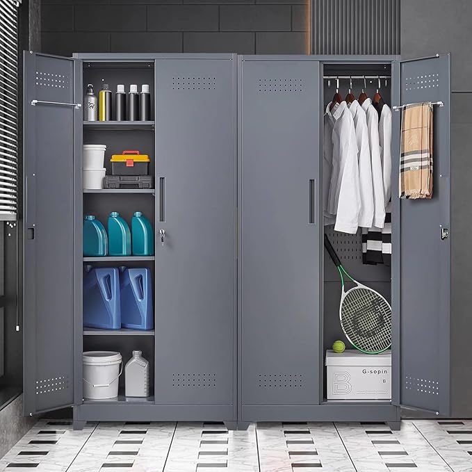 65" H Metal Broom Closet Storage Cabinet, Freestanding Garage Storage Cabinet with Hanging Rod and Locking Doors, Bathroom Storage Cabinet, Cleaning Tool Cabinet for Garage Patio Garden, Grey