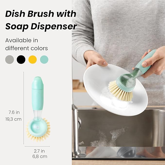 Vigar Rengo Dish Brush with Soap Dispenser - Dish Scrubber with Handle, Kitchen Scrub Brush for Dishes, Sink Cleaning Brush, Soap Dispensing Dish Wand with Nylon Bristles, Non Scratch - Turquoise