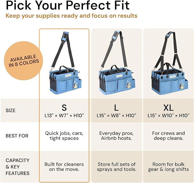 Multiuse Cleaning Caddy with Waist, Shoulder Strap 9 Pockets, Mesh Base & Adjustable Compartments - Cleaning Caddy - Cleaning Supplies Organizer (Blue, Small)