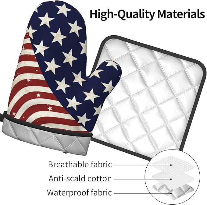 Patriotic Oven Mitts - American Flag Kitchen Mitts Pot Holders 4th of July Hot Mitts Independence Memorial Day Hot Pads Sets of 2 for Cooking Baking Grilling