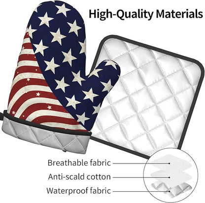 Patriotic Oven Mitts - American Flag Kitchen Mitts Pot Holders 4th of July Hot Mitts Independence Memorial Day Hot Pads Sets of 2 for Cooking Baking Grilling