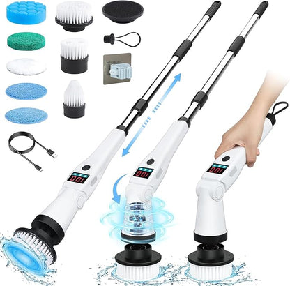 Electric Spin Scrubber, Shower Scrubber with Long Handle, Rechargeable Cordless Power Scrubber, Retractable & Adjustable Angle Spin Brush for Cleaning Bathroom/Tub/Floor/Tile (Black-White+Beige)