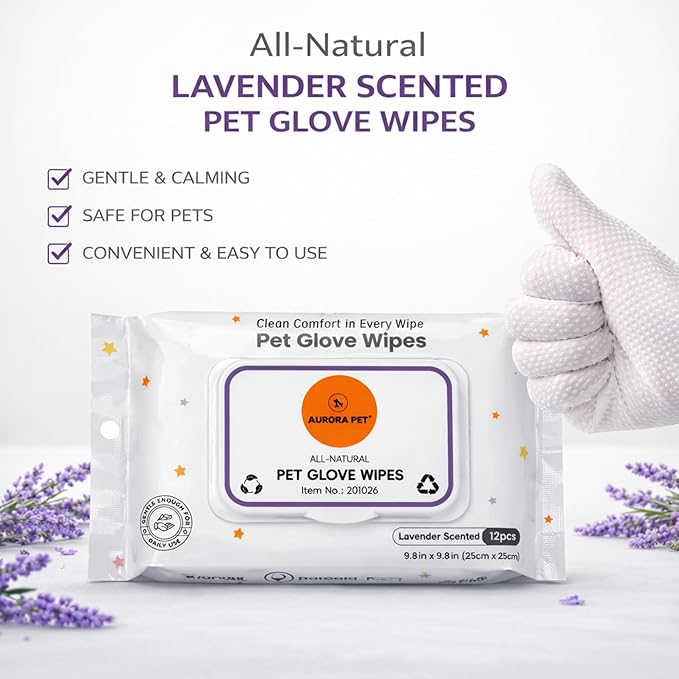 Aurora Pet Glove Wipes for Dogs & Cats, Wearable No-Rinse Grooming Glove Wipes for Paws, Face, Ears & Body, Hypoallergenic Disposable Pet Cleaning Wipes, Lavender Scented, 24 Count