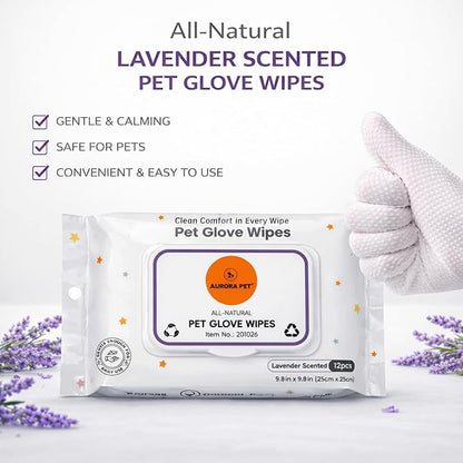 Aurora Pet Glove Wipes for Dogs & Cats, Wearable No-Rinse Grooming Glove Wipes for Paws, Face, Ears & Body, Hypoallergenic Disposable Pet Cleaning Wipes, Lavender Scented, 24 Count