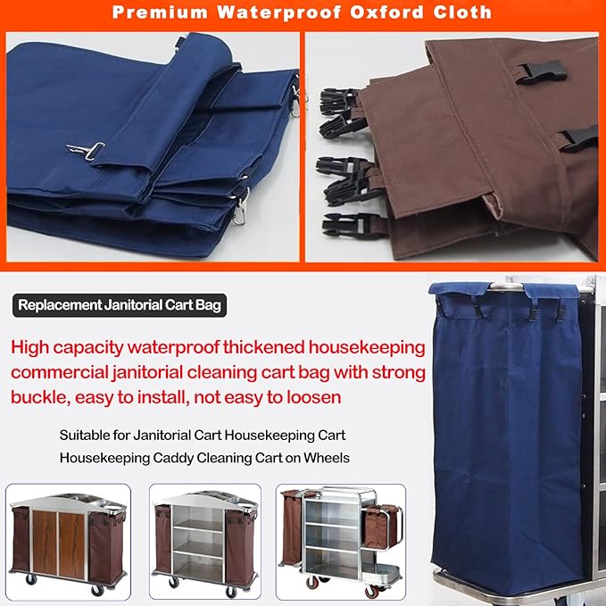 Replacement Janitorial Cart Bag, High Capacity Waterproof Thickened Housekeeping Commercial Janitorial Cleaning Cart Bag with 8 Strong Buckle - 15 x 11 x 33 inches (26 Gallon)