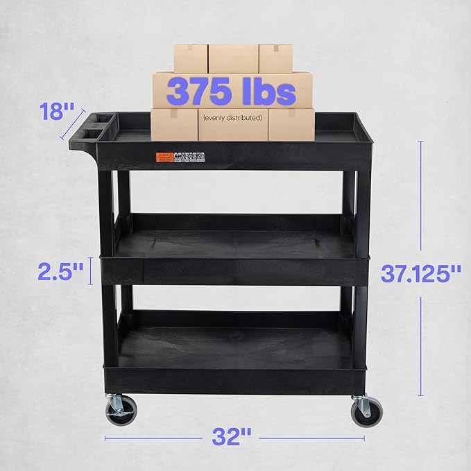 Tubstr 3-Tier Rolling Utility Cart with Wheels | Supports 300 lbs. Total | Heavy-Duty Capacity for Garage Storage, Office Spaces, & Kitchen Use | Durable Tool Cart with Locking Wheels (Black, 32 x 18)