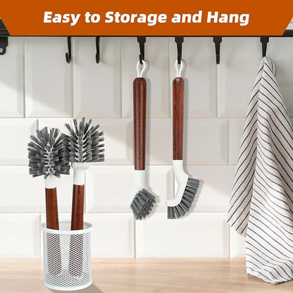4-Pack Heavy Duty Scrub Brushes with 11" Sapele Wood Handle – PBT Bristles & TPR Loop – Kitchen, Bathroom, Grout, Dish & Tile Cleaner – Durable Non-Slip Multi-Surface Cleaning Brush Set