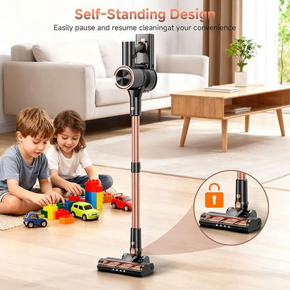 Cordless Stick Vacuum Cleaner - 45KPA Powerful Suction Vacuum with 45 Min Runtime, Detachable Battery, Anti-Tangle & 1.5L Dust Cup, 8 in 1 Vacuum Cleaner for Pet Hair, Carpet, HardFloor, Gold