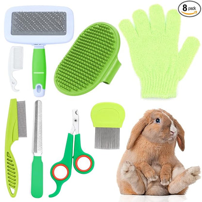 VCZONE 8 Pcs Small Animal Grooming Kit, Pink with Pet Nail Clipper and File, Flea Comb, Pet Shampoo Bath Brush, Pet Shedding Slicker Brush, Bath Massage Glove, Cleaning Comb (Green)