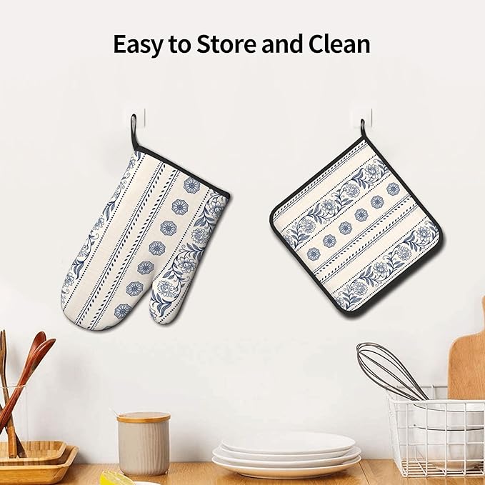 Boho Oven Mitts Set – Vintage Floral Pot Holders Kitchen Gloves for Women Bohemian Kitchen Mitts Potholders Set of 2 Durable for Cooking & Baking
