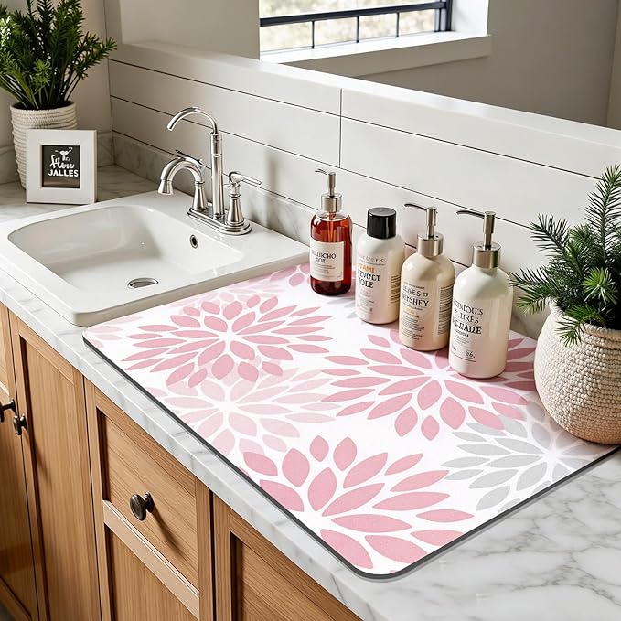 Findosom Floral Dish Drying Mat, 12" x 20" Super Absorbent & Hide Stain Coffee Mat, Cuttable Drying Mat for Kitchen Counter, Under Dish Rack, Coffee Maker, Espresso Machine, Pink