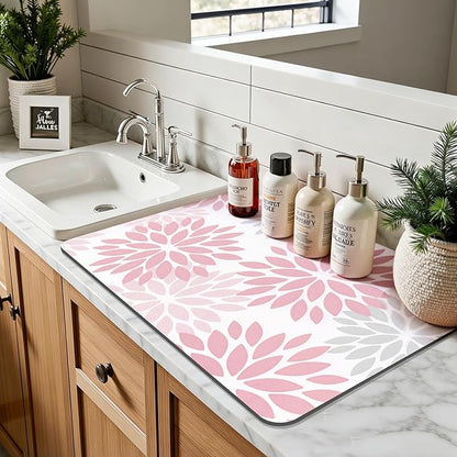 Findosom Floral Dish Drying Mat, 12" x 20" Super Absorbent & Hide Stain Coffee Mat, Cuttable Drying Mat for Kitchen Counter, Under Dish Rack, Coffee Maker, Espresso Machine, Pink