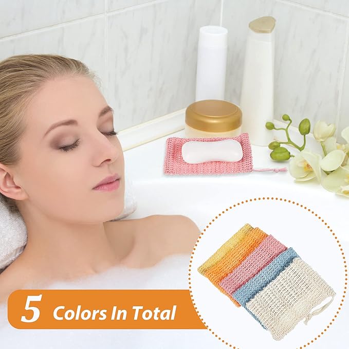 BBTO 5 Pieces Soap Saver Bag Cotton Linen Exfoliating Soap Pouch for Foaming and Drying, Shower, Scrubber(9 x 14 cm,White, Pink, Blue, Yellow, Orange)