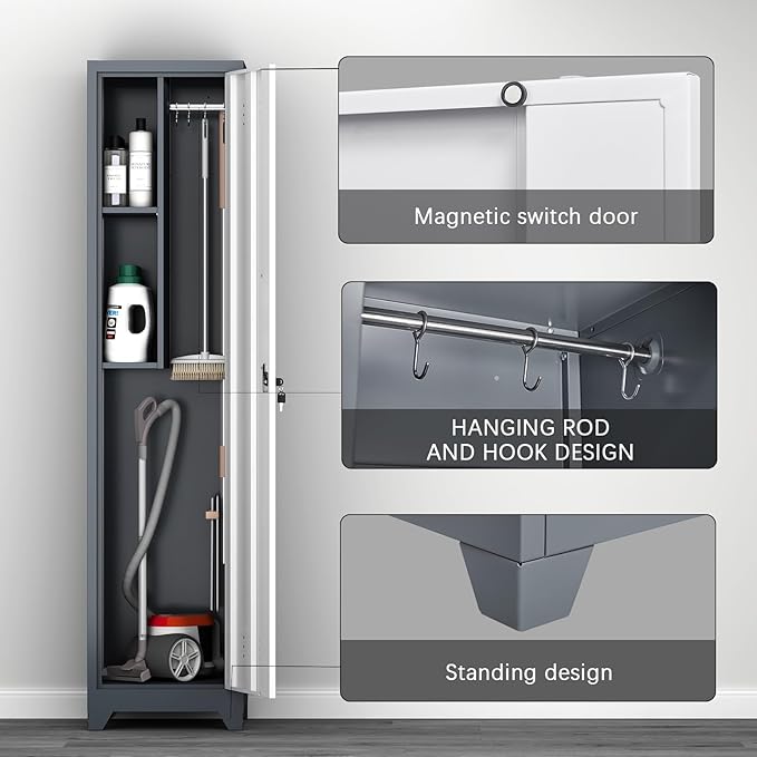 Cabinet,Utility Storage Cabinet with Hanging Rod,Tall Bathroom Storage Cabinets with Locking Door for Office, Gym, Garage,Grey