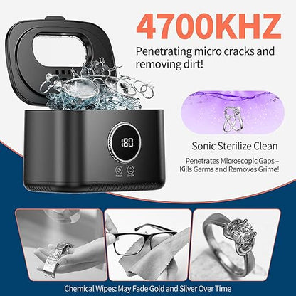 Ultrasonic Jewelry Cleaner 47kHz 20 oz Large Capacity, 5 Modes Ultrasonic Cleaning Machine with UV Light for Eyeglasses, Rings, Necklaces, Dentures, Retainers, Silverware