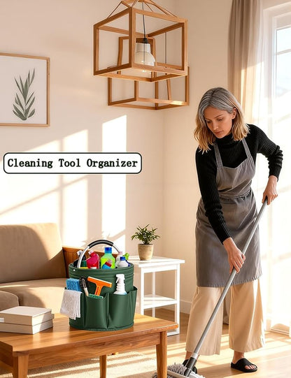 Cleaning Caddy with Handle, Cleaning Products Organiser, Foldable Storage Basket, Large Supply Organiser 17L with 6 Pockets, Portable Cleaning Caddy for Home & Garden (Green)