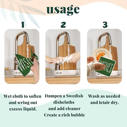 Lucky Wishes Green Swedish Dishcloths for Kitchen, Swedish Dish Cloths for Four-Leaf Clover, 4 Pack Dish Towels for Kitchen, Papaya Reusable Paper Towels Washable