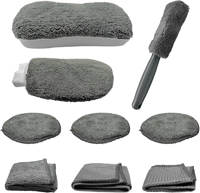 9PCS Car Cleaning Kit, No-Scratch Auto Detailing Tools Set with Wash Mitt, Large Sponge, Wheel Brush, Wax Applicator Pads and Microfiber Towels for Car Interior and Exterior Care (Gray)