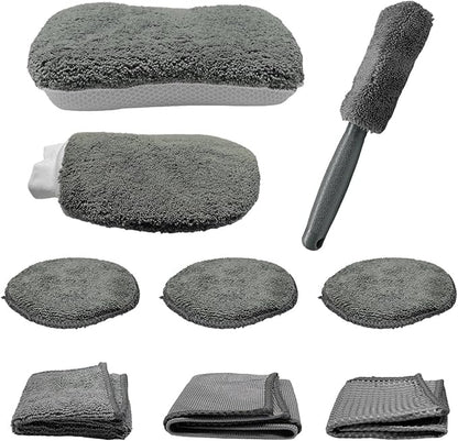 9PCS Car Cleaning Kit, No-Scratch Auto Detailing Tools Set with Wash Mitt, Large Sponge, Wheel Brush, Wax Applicator Pads and Microfiber Towels for Car Interior and Exterior Care (Gray)