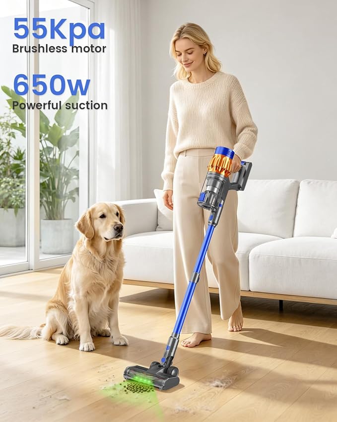 Cordless Stick Vacuum Cleaner, 650W 55KPA Up to 70Min Runtime, Green Light Anti-Tangle Brush, 7-Stage HEPA Filtration, Lightweight for Pet Hair Carpet Hard Floors (Blue)