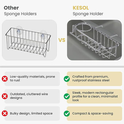 KESOL 3-in-1 Sponge Holder for Kitchen Sink, Hanging Caddy for Double Bowl Sinks, Stainless Steel Sponge with Dishcloth Holder, Brush & Soap Rack, Kitchen Sink Accessories, Silver