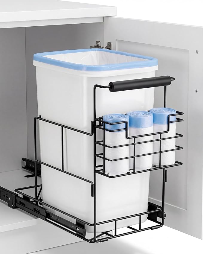 Bulado Pull Out Trash Can Under Cabinet, Under Sink Trash Can Kit with Side Bag Holder, Cabinet Pull Out Organizer for 7.5-10 Gallon Bin, Easy Installation, Bin Not Included