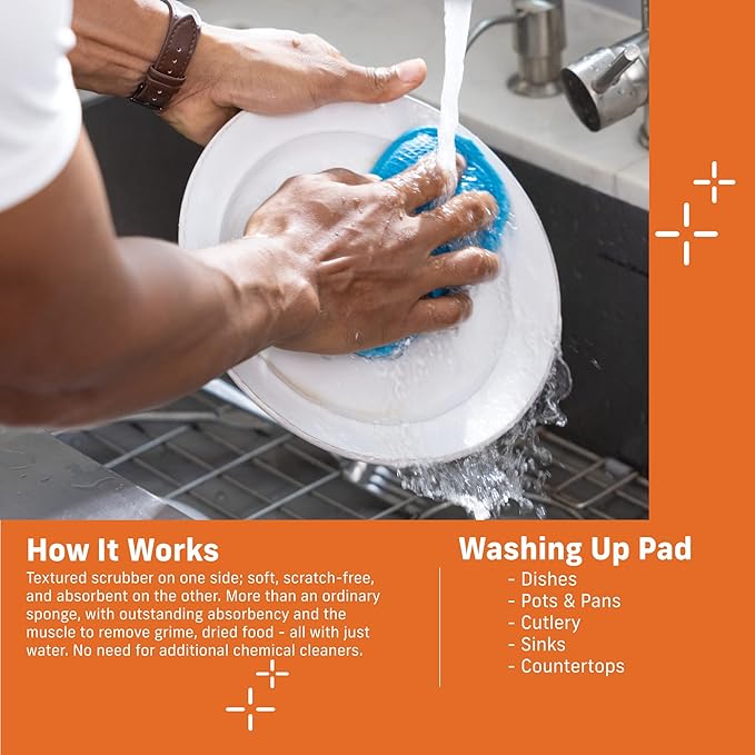 E-Cloth Washing Up Pad, Premium Microfiber Non-Scratch Kitchen Dish Scrubber Sponge, Ideal for Dish, Sink and Countertop Cleaning, 100 Wash Guarantee, Blue, 1 Pack