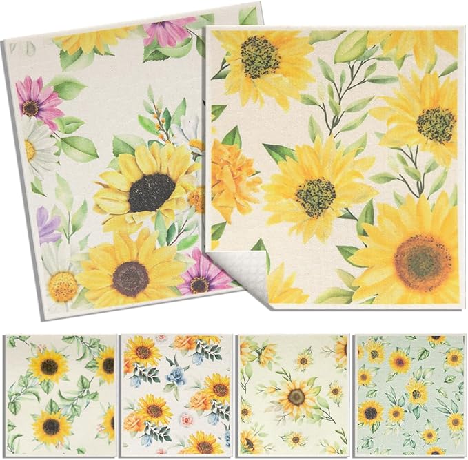 6 - Pack Swedish Kitchen Dish Cloths - Reusable Paper Towels for Counters & Dishes - Eco Friendly Cellulose Sponge Cloth (Sunflower)