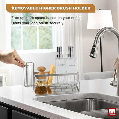 GMISUN Kitchen Soap Dispenser, 12 Fl oz/350ml Clear Dish Soap Dispenser with Silver Sponge Holder, Customized Glass Dish Soap Dispensers for Kitchen, Modern Hand and Dish Soap Dispensers Set Removable