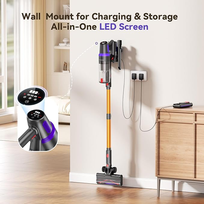 TechRise Cordless Vacuum Cleaner, 500W/45Kpa Stick Vacuum for Home, Anti-Tangle Brush & 8-in-1 Self-Standing, Up to 60Mins Runtime Lightweight with LED Display for Hardwood Floor,Carpet,Pet Hair
