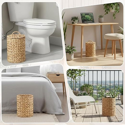 Boho Wicker Trash Can with Lid 1.3 Gallons Small Bathroom Trash Can with 100 Garbage Bags Water Hyacinth Wicker Waste Basket for Bedroom Bathroom Kitchen Living Room