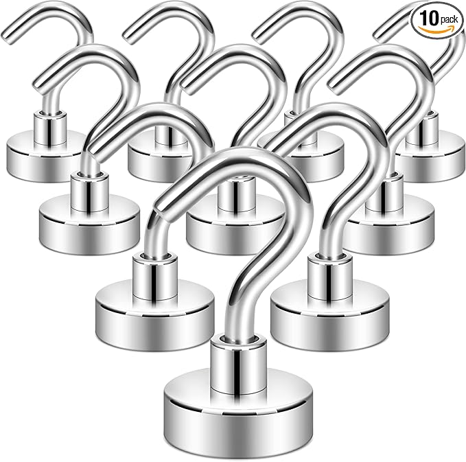 Neosmuk Magnetic Hooks, Heavy Duty 30lb+ Strong Magnet Hook for Cruise Cabins, Cruise Ship Essentials for Hanging, Metal Wall Refrigerator Hangers (Silver White, 10 Pack)