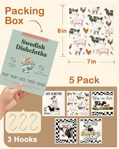 Miss Adola Swedish Dishcloths for Kitchen with Hooks - Reusable Dish Cloths for Washing Dishes Fast Drying Cute Fun 5 Pack Swedish Dish Towels Washable Cleaning Sponge, Black White Farm