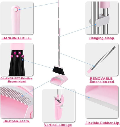 BSKLIN Broom and Dustpan Set, 52” Long Adjustable Handle Broom with Dustpan Combo Set with Dust Pan Teeth to Clean Hair for Home Lobby Office (Pink)