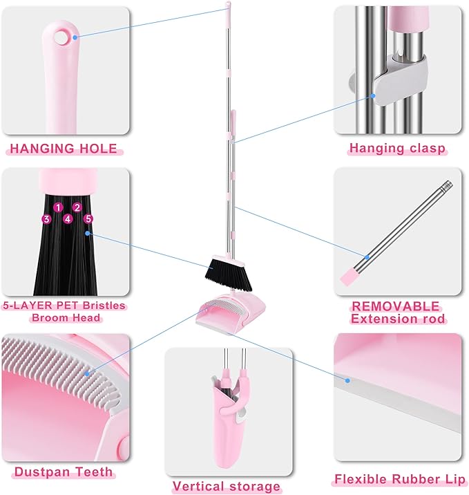 BSKLIN Pink Broom and Dustpan Set, 52-in Handle Broom Dustpan Combo Set Household Hand Broom with Dustpan Teeth to Clean Hair for Home Kitchen Office Lobby Sweeping Indoor（Pink）