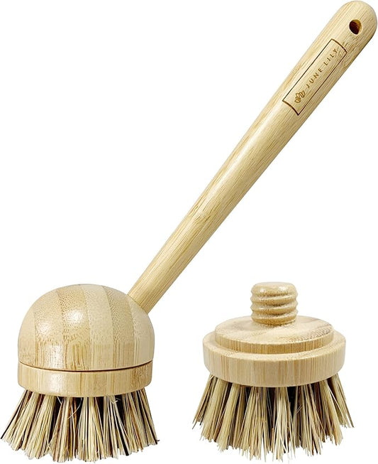 JuneLily Long Coconut Dish Brush Plant-Based Vegan for Kitchen Bathroom Cleaning Produce Washing Dishes (Long Dish Brush & Coconut Brush Head)