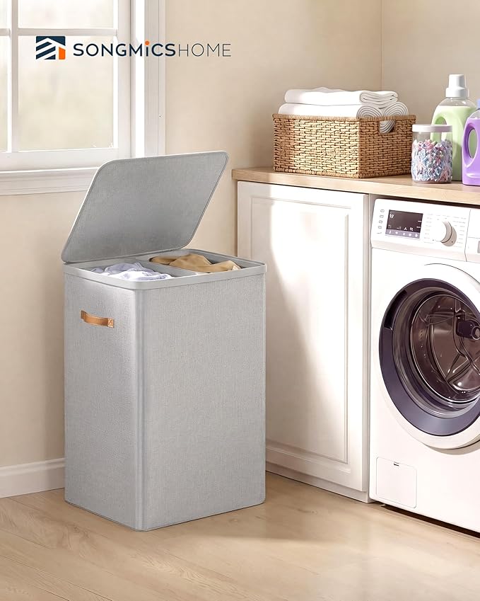 SONGMICS HOME Laundry Hamper with Lid, 2 Section Laundry Basket with Removable Liners and Handles, Foldable Clothes Sorter for Bedroom, Bathroom, Gray