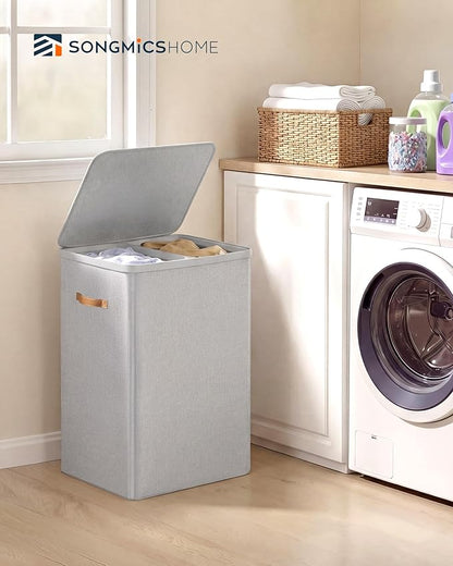 SONGMICS HOME Laundry Hamper with Lid, 2 Section Laundry Basket with Removable Liners and Handles, Foldable Clothes Sorter for Bedroom, Bathroom, Gray
