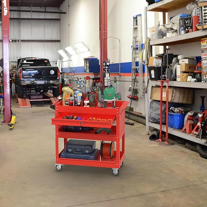 3 Tray Rolling Tool Cart with Drawers, 400 LBS Capacity Mechanic Tool Cart on Wheels, Heavy Duty Utility Cart with Pegboard for Garage, Warehouse and Repair Shop, Red