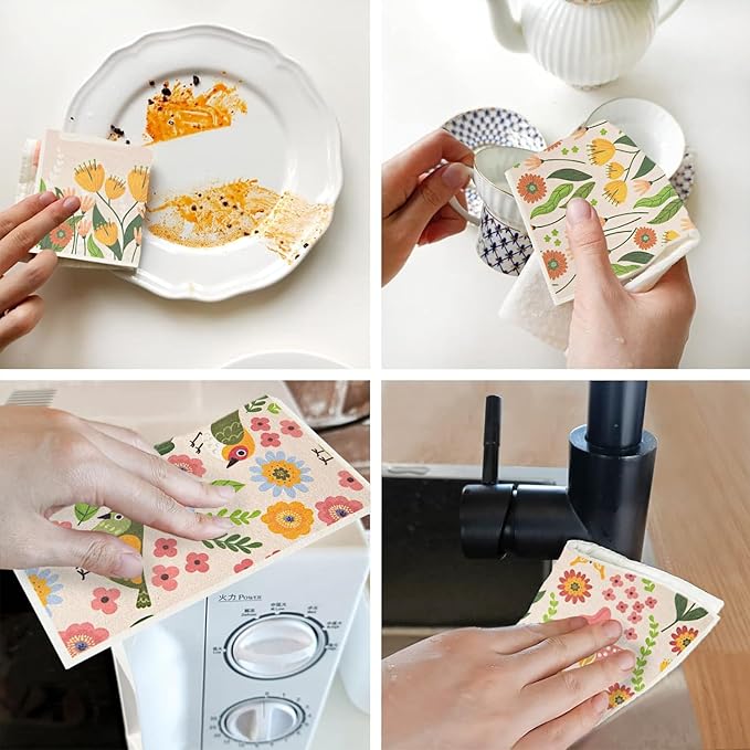 6 - Pack Swedish Kitchen Dish Cloths - Reusable Paper Towels for Counters & Dishes - Eco Friendly Cellulose Sponge Cloth (Broken Flowers)