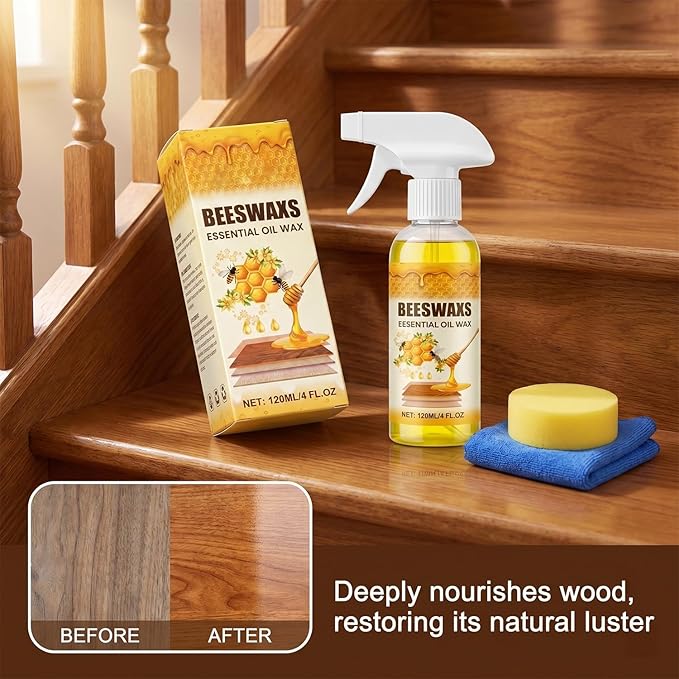 Beeswax Wood Polish Spray, Beeswax Essential Oil Wax, 2026 Upgrade Bees wax Furniture Polish and Cleaner with Sponge and Towel, Natural BeeswaxCleaner for Furniture Floors Cabinets (2Pcs)