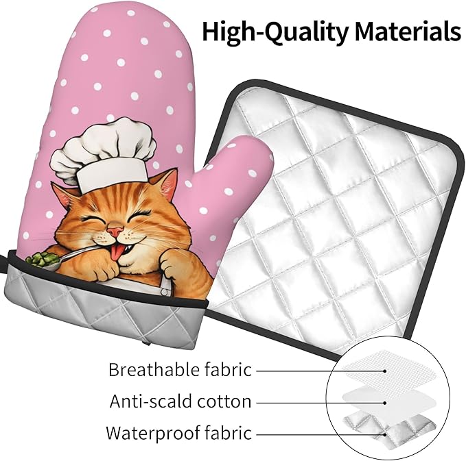 Cat Oven Mitts - Pink Oven Mitts and Pot Holders Sets of 2 Cute Kitten Cooker Kitchen Mitts Hot Pads for Baking Grilling