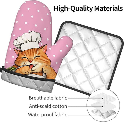 Cat Oven Mitts - Pink Oven Mitts and Pot Holders Sets of 2 Cute Kitten Cooker Kitchen Mitts Hot Pads for Baking Grilling