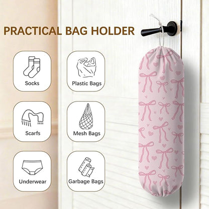 Pink Bow Plastic Bag Holder Dispenser, Plastic Grocery Bag Organizer & Wall Mount Paper Trash Bags Saver Storage for Kitchen Home Pantry Decor, Pink Bow Kitchen Decor Shopping Bags Storage Dispenser
