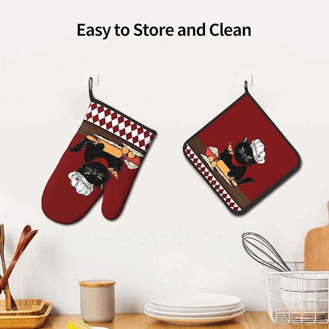 Cat Pot Holders and Oven Mitts - Red Cooking Gloves Hot Pads for Kitchen Fun Chef Gifts for Cooking Lover Cooks