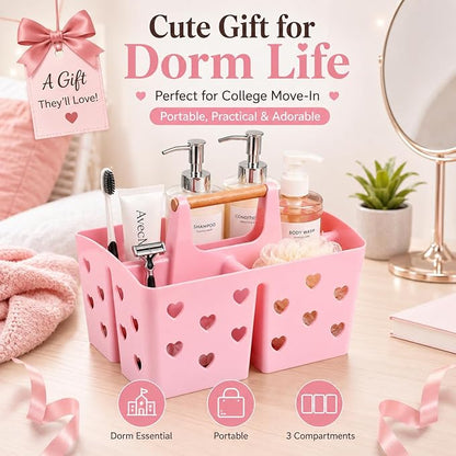 Pink Portable Shower Caddy with Wooden Handle, Plastic Shower Basket Organizer with Drainage Holes & 3 Compartments, Dorm Shower Caddy for College Students, Bathroom, Gym, Camping Toiletry Storage