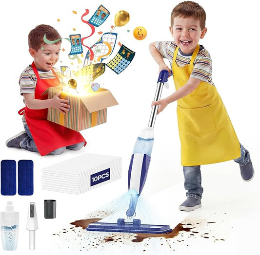 Kids Spray Mop - Chores Chart Set Montessori Cleaning Toy Set with Real Water Sprayer 2PCS Washable Pads and 10PCS Disposable Mop Pads for Ages 3-8 (Blue)