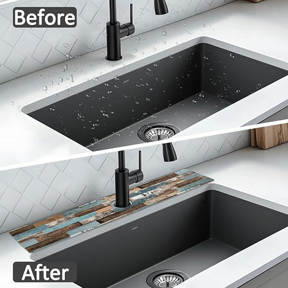 24" X 5.5" Kitchen Sink Splash Guard Faucet Mat Wood Grain Super Absorbent Fast Drying Faucet Guard & Draining Mat Sink Splash Guard Behind Faucet for Kitchen, Bathroom