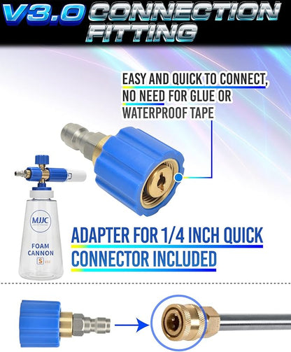 MJJC Foam Cannon S V3.0 (Thicker Snow Foam Technology) with 1/4 Inch Quick Connector for Pressure Washer & MJJC Foam Soap(20 fl oz) Kit